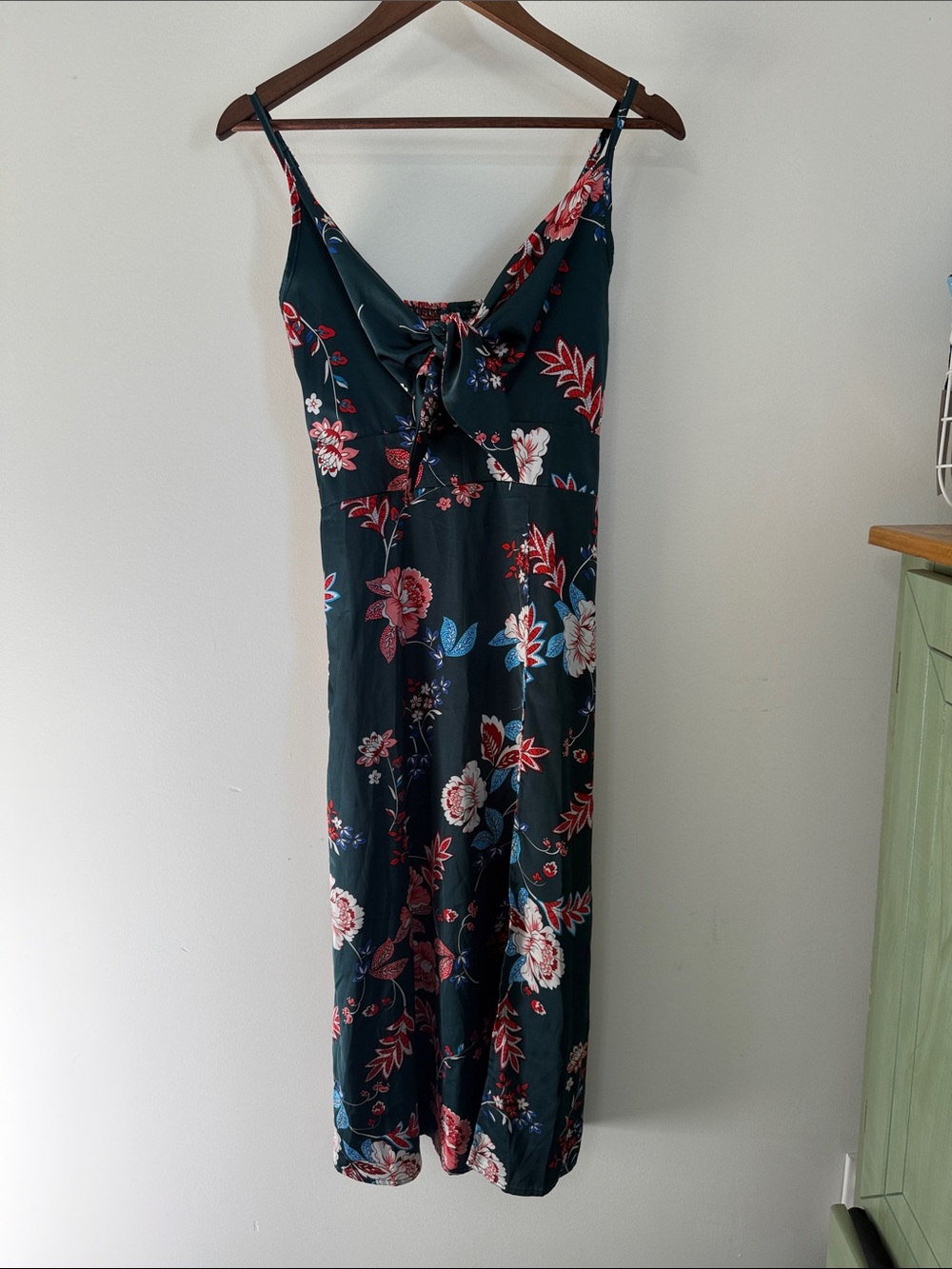 Floral Tie-Front Slip Dress in Dark Green